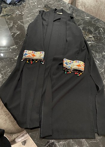 Boncuklu İşlemeli Siyah Uzun Kadın Kimono - Görsel 2