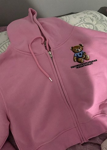 Pembe Fermuarlı Kadın Sweatshirt Ayıcıklı