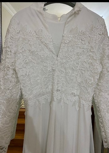Uzun Kollu Beyaz A Kesim Vintage Gelinlik - Görsel 3