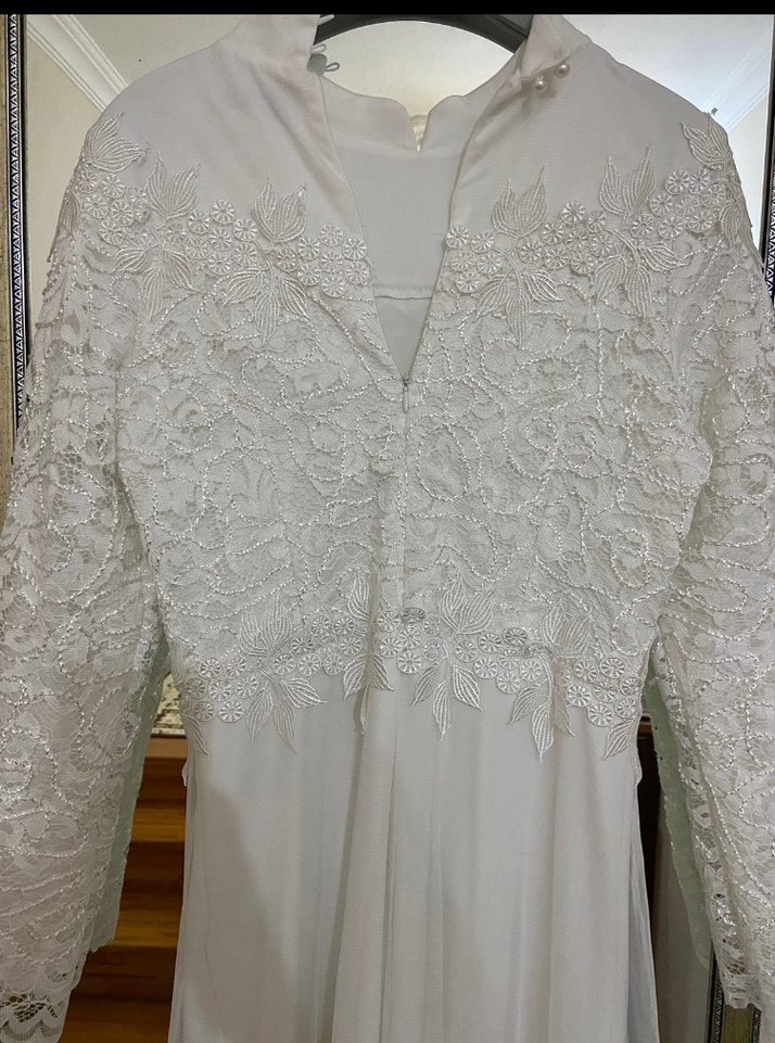 Uzun Kollu Beyaz A Kesim Vintage Gelinlik - Görsel 3