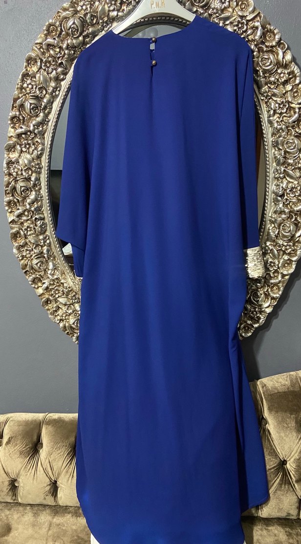 Mavi Uzun Kollu İşlemeli Kadın Elbise - Görsel 3