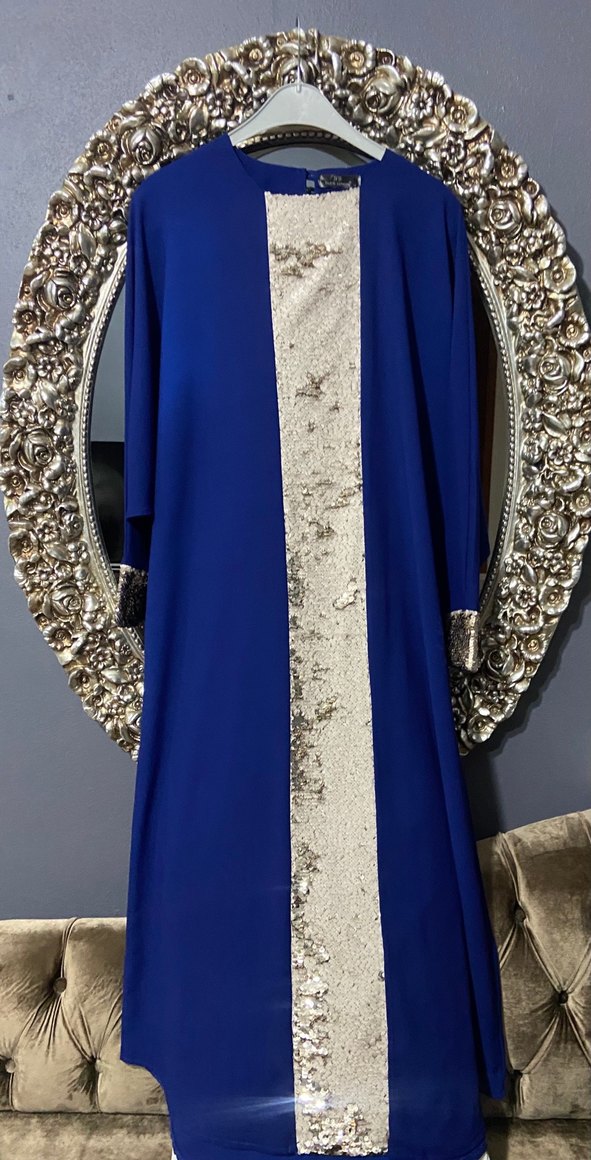 Mavi Uzun Kollu İşlemeli Kadın Elbise - Görsel 2