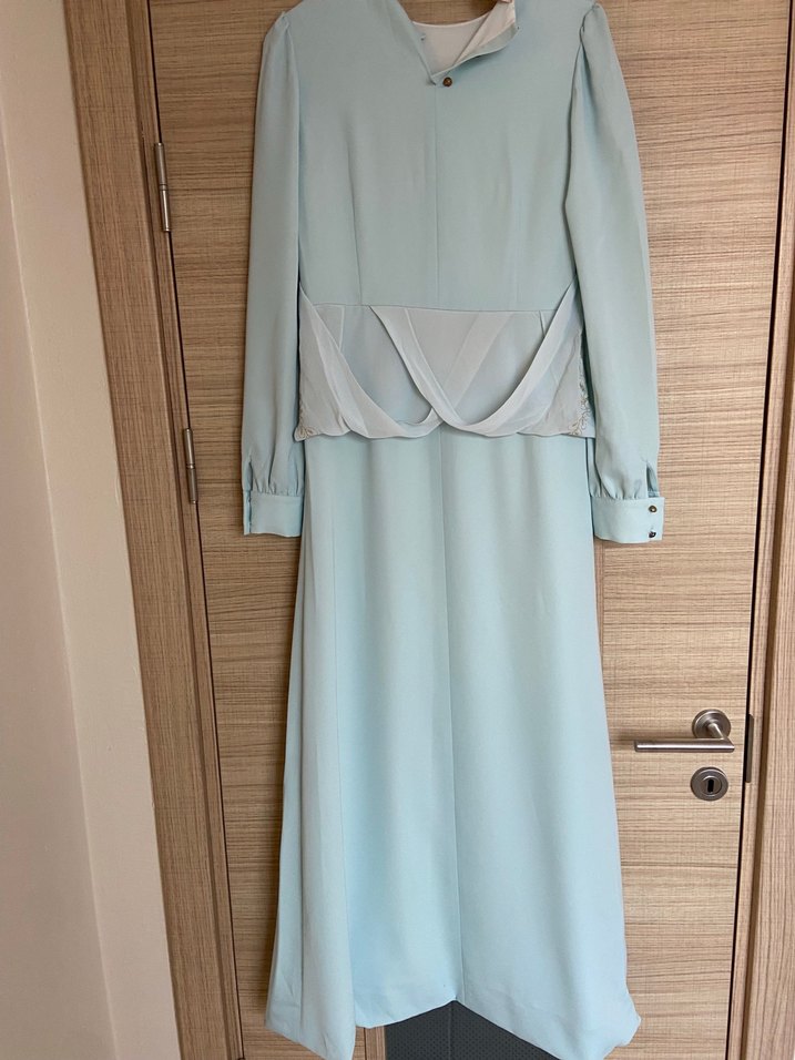 Uzun Kollu Drapeli Mavi Abiye Elbise - Görsel 3