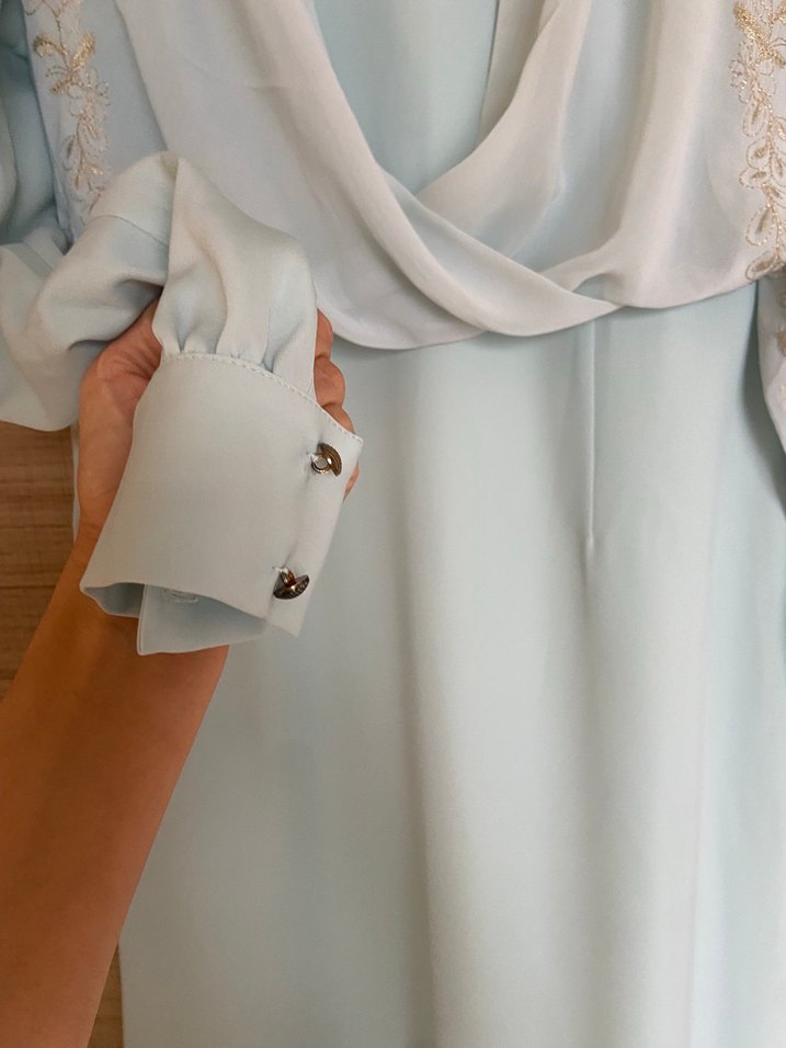 Uzun Kollu Drapeli Mavi Abiye Elbise - Görsel 2