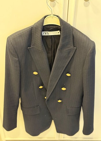 Zara Lacivert Cizgili Cift Sirali Blazer Ceket
