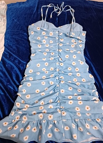 l Beden mavi Renk Çiçekli ince askı eteği fırfırlı mini elbise