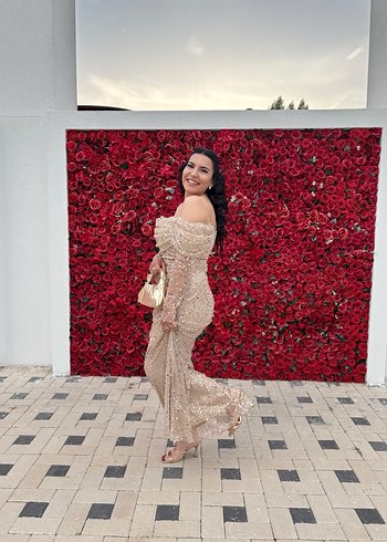 Bej Drapeli Uzun Kollu Abiye Elbise - Görsel 3