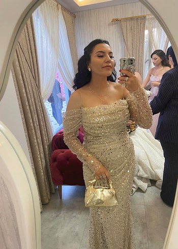 Bej Drapeli Uzun Kollu Abiye Elbise - Görsel 4