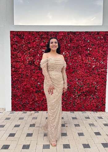 Bej Drapeli Uzun Kollu Abiye Elbise - Görsel 2