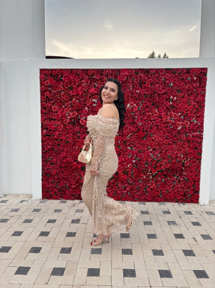 Bej Drapeli Uzun Kollu Abiye Elbise - Görsel 3