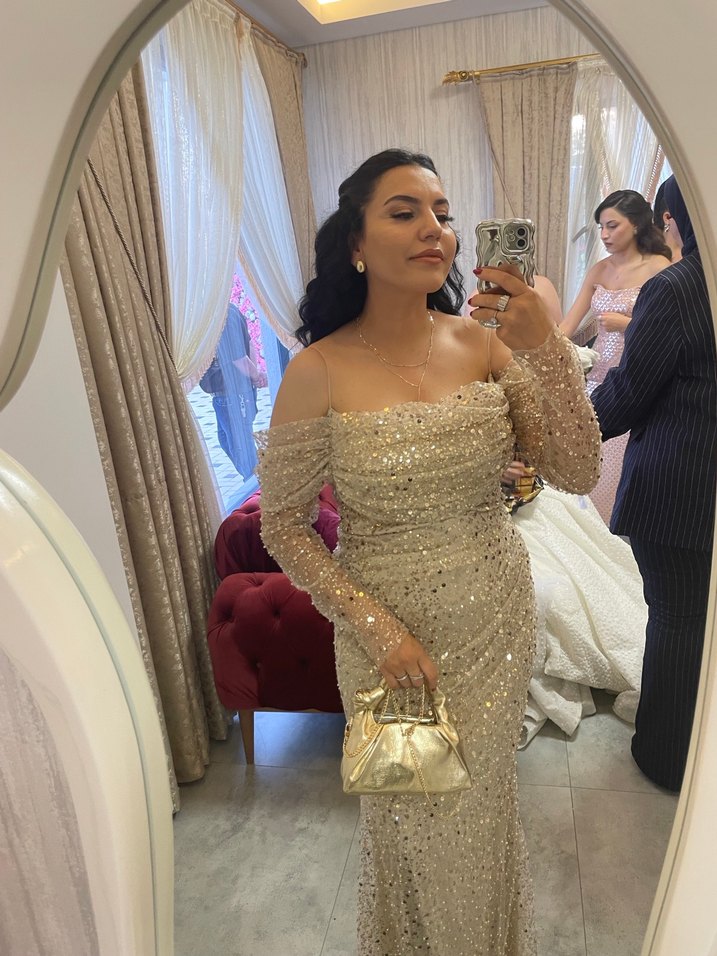 Bej Drapeli Uzun Kollu Abiye Elbise - Görsel 4