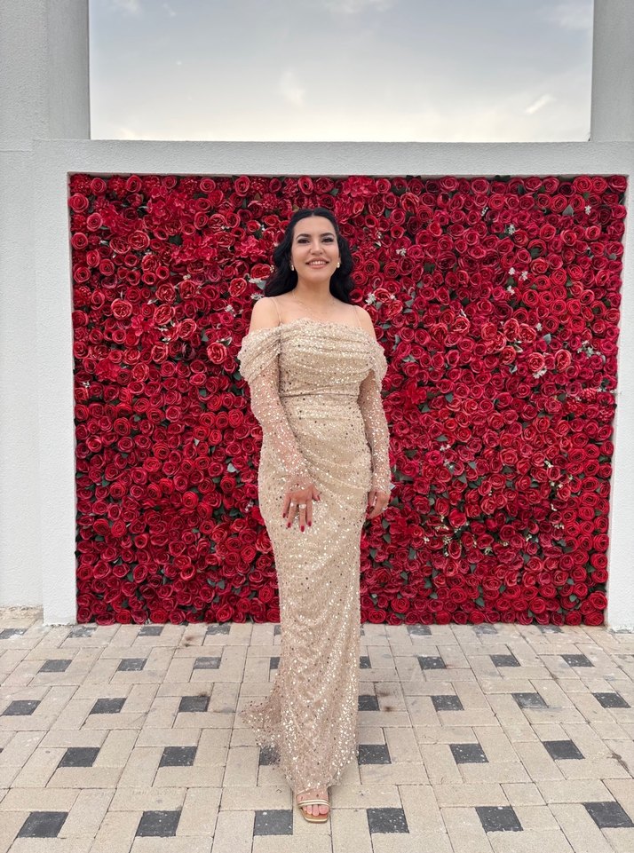 Bej Drapeli Uzun Kollu Abiye Elbise - Görsel 2