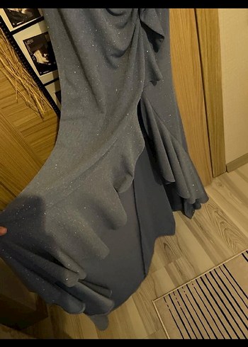 Acık mavi V Yaka Uzun Drapeli Kadın Abiye Elbise - Görsel 5