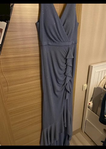 Acık mavi V Yaka Uzun Drapeli Kadın Abiye Elbise - Görsel 4