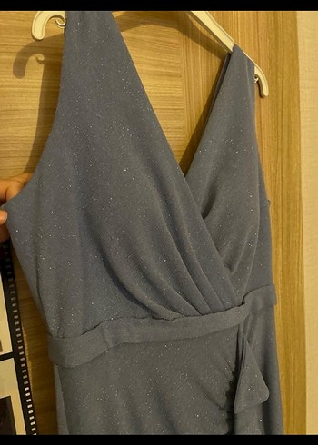 Acık mavi V Yaka Uzun Drapeli Kadın Abiye Elbise - Görsel 2