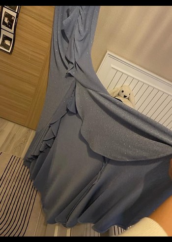 Acık mavi V Yaka Uzun Drapeli Kadın Abiye Elbise - Görsel 6