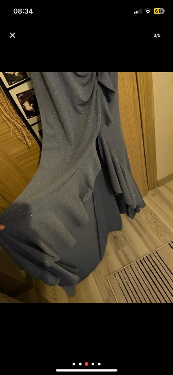 Acık mavi V Yaka Uzun Drapeli Kadın Abiye Elbise - Görsel 5