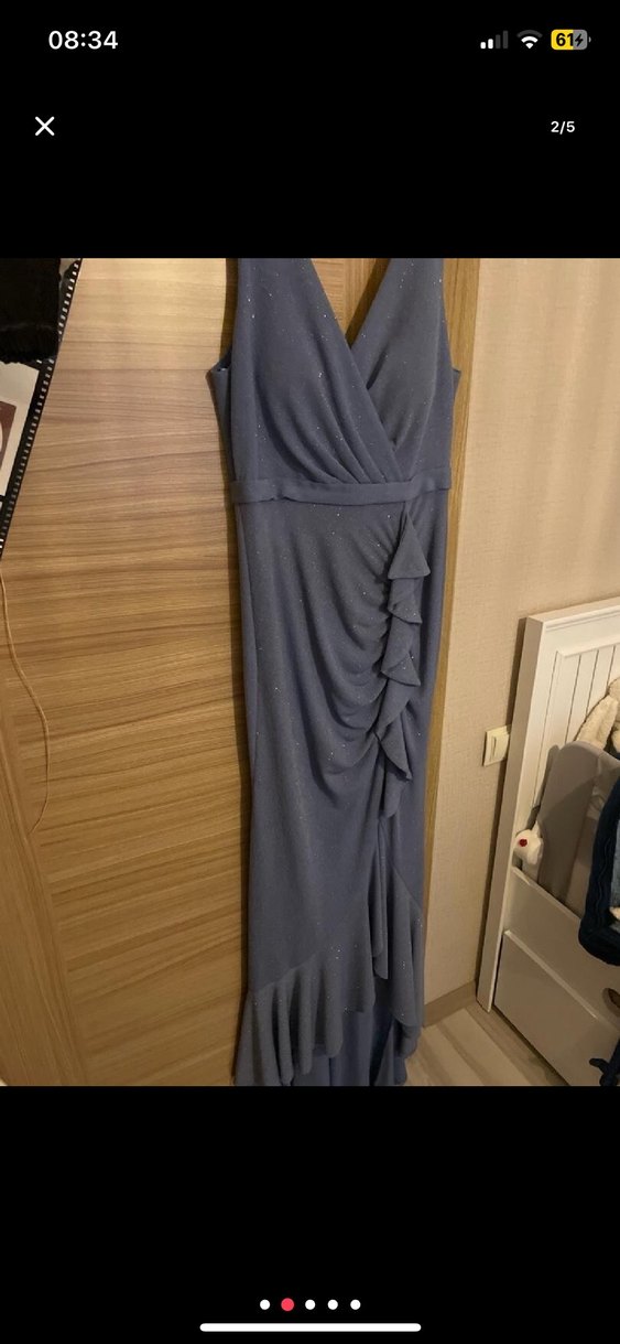 Acık mavi V Yaka Uzun Drapeli Kadın Abiye Elbise - Görsel 4