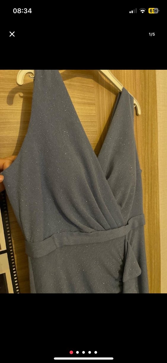 Acık mavi V Yaka Uzun Drapeli Kadın Abiye Elbise - Görsel 2