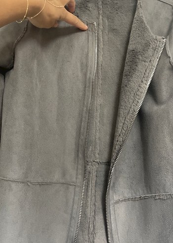 Gri Süet Kadın Kaban, Kürk Detaylı, Midi Boy - Görsel 3