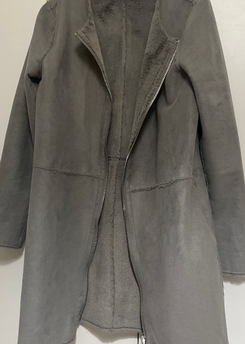 Gri Süet Kadın Kaban, Kürk Detaylı, Midi Boy - Görsel 4