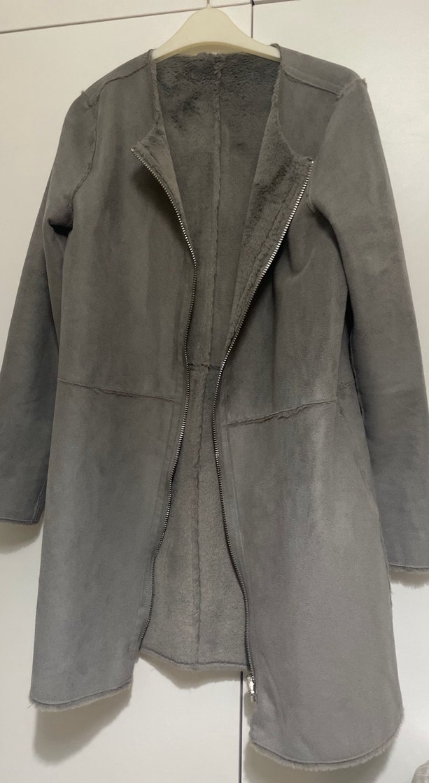 Gri Süet Kadın Kaban, Kürk Detaylı, Midi Boy - Görsel 4