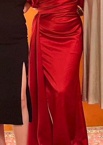Kırmızı%100 ipek saten  Uzun Abiye Elbise - Görsel 2