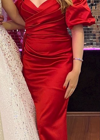 Kırmızı%100 ipek saten  Uzun Abiye Elbise - Görsel 3