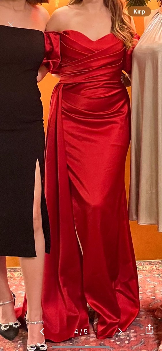 Kırmızı%100 ipek saten  Uzun Abiye Elbise - Görsel 4