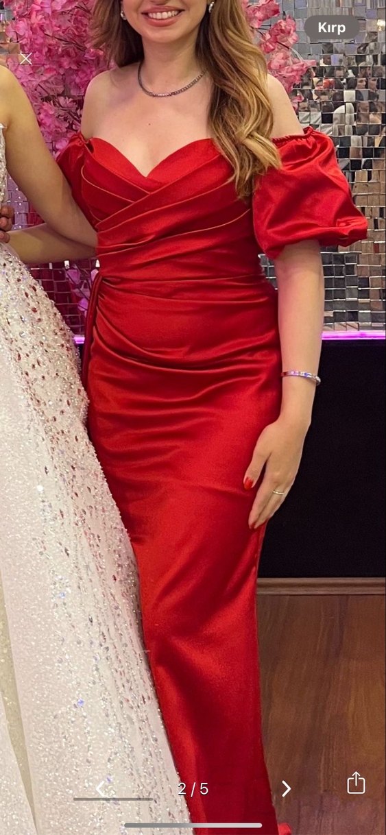 Kırmızı%100 ipek saten  Uzun Abiye Elbise - Görsel 3
