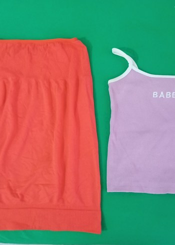 Pembe askılı crop ve turuncu strapless üst Takımı