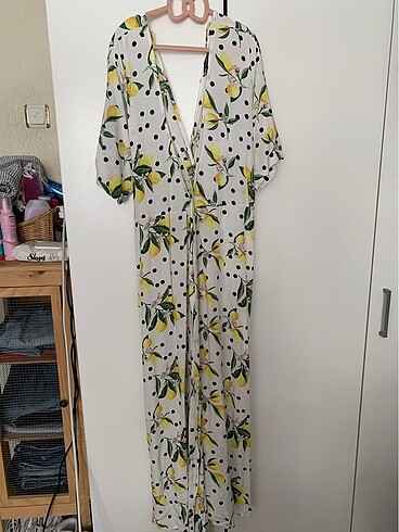 Limon desenli pamuklu kumaş uzun elbise