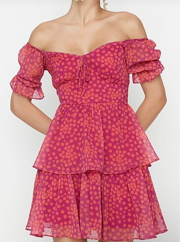 pembe çiçekli belden açılan volanlı elbise - Görsel 2