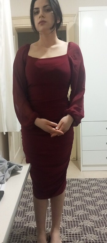 l Beden bordo Renk Elbise