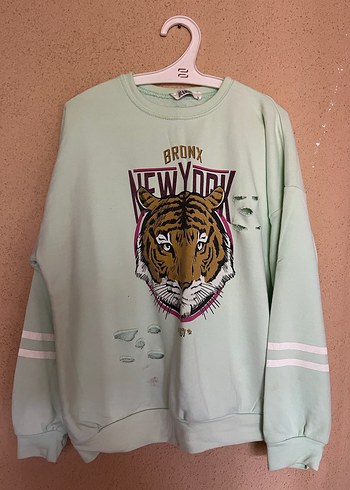 Su Yeşili Kaplan Baskılı Kadın Sweatshirt