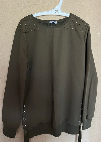 Düğmeli Haki Kadın Sweatshirt