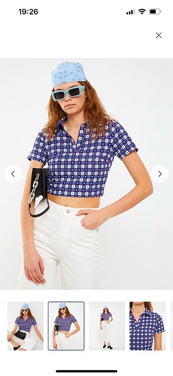 Polo yaka desenli kısa kollu crop