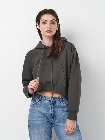 Zara kapüşonlu crop siyah sweatshirt