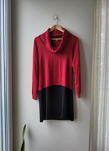 Asymmetry Kırmızı Siyah Degaje Yaka Dizüstü Elbise