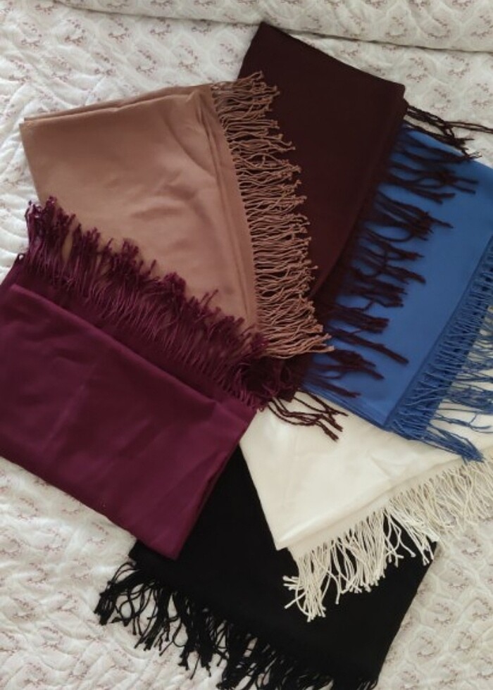 Pamuklu Ekru Pashmina Şal/Başörtüsü  - Görsel 3