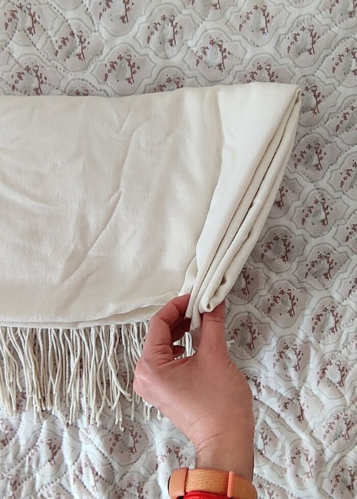 Pamuklu Ekru Pashmina Şal/Başörtüsü  - Görsel 2