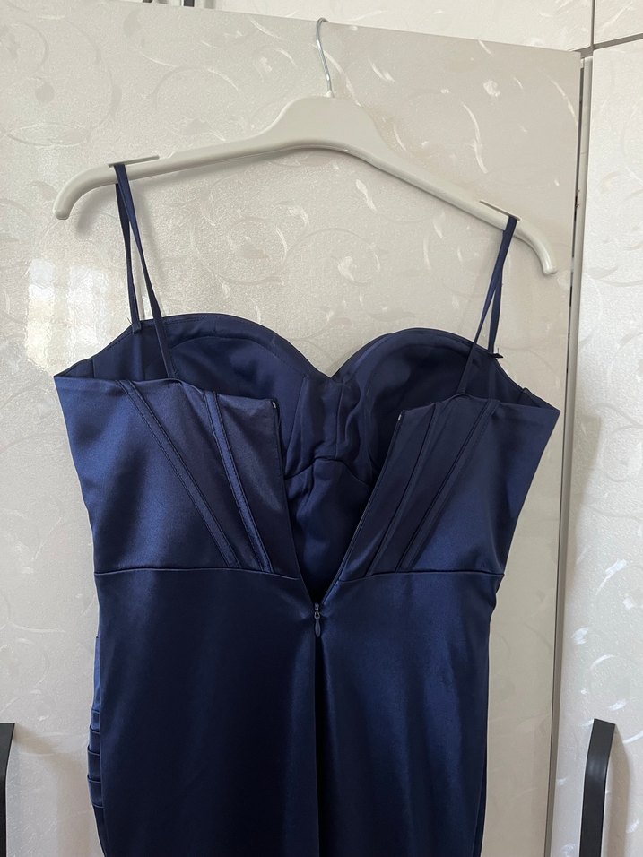 Lacivert Drapeli V Yaka Uzun Abiye Elbise - Görsel 2