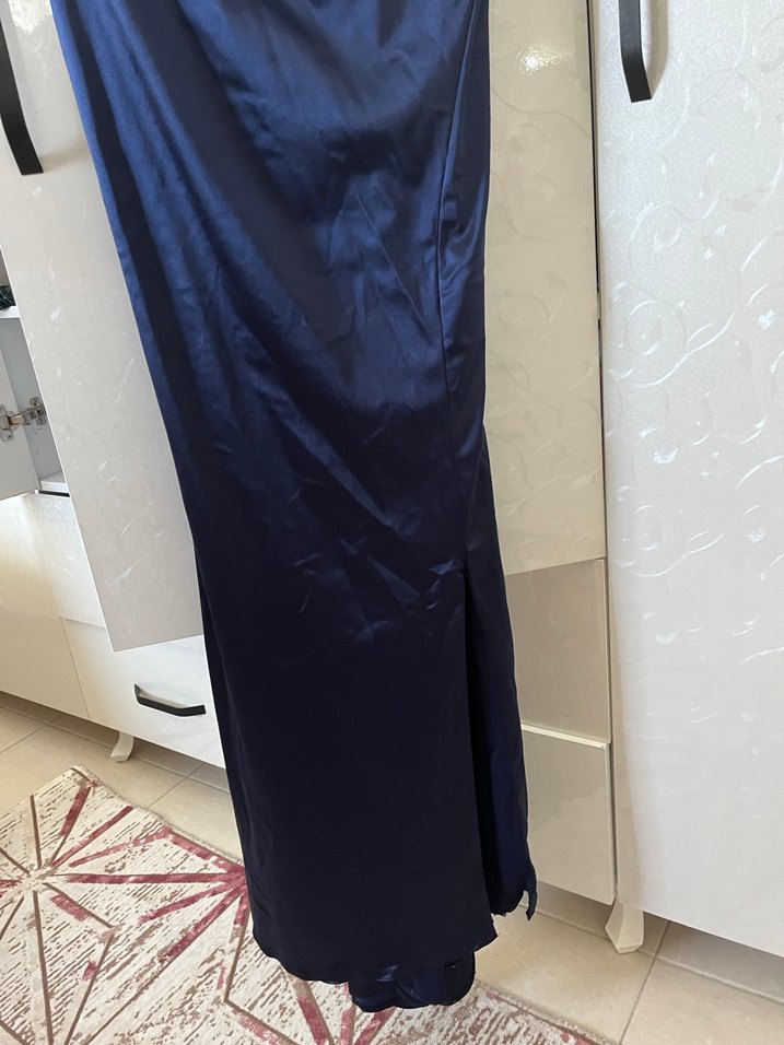 Lacivert Drapeli V Yaka Uzun Abiye Elbise - Görsel 3