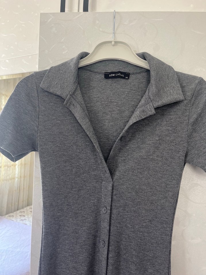 Düğmeli V Yaka Gri  Elbise LCW - Görsel 2