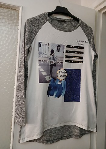 Gri Baskılı Uzun Kollu Kadın Tişört - Görsel 2