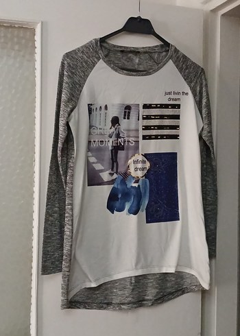 Gri Baskılı Uzun Kollu Kadın Tişört - Görsel 9