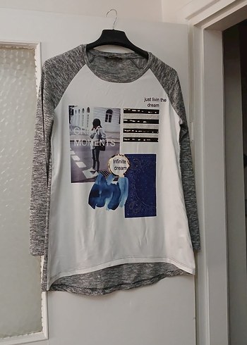 Gri Baskılı Uzun Kollu Kadın Tişört - Görsel 7