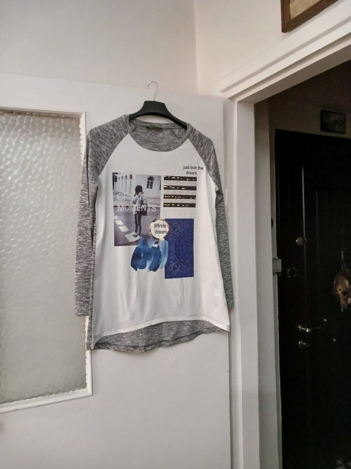 Gri Baskılı Uzun Kollu Kadın Tişört - Görsel 5