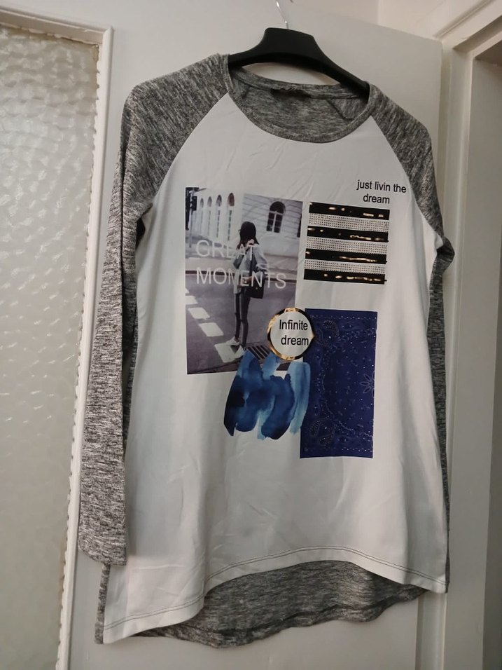 Gri Baskılı Uzun Kollu Kadın Tişört - Görsel 2