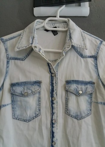 Düğmeli buz mavisi  Denim Kadın Gömlek - Görsel 10